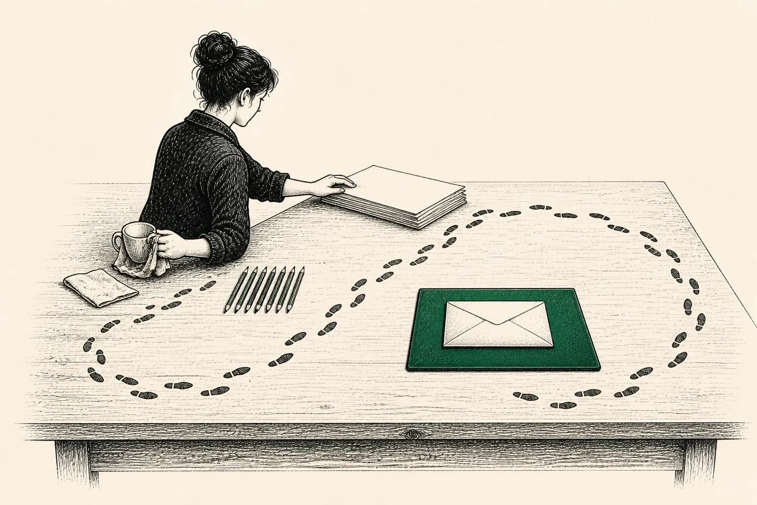 Footprints circle an important task while a person completes smaller jobs nearby.