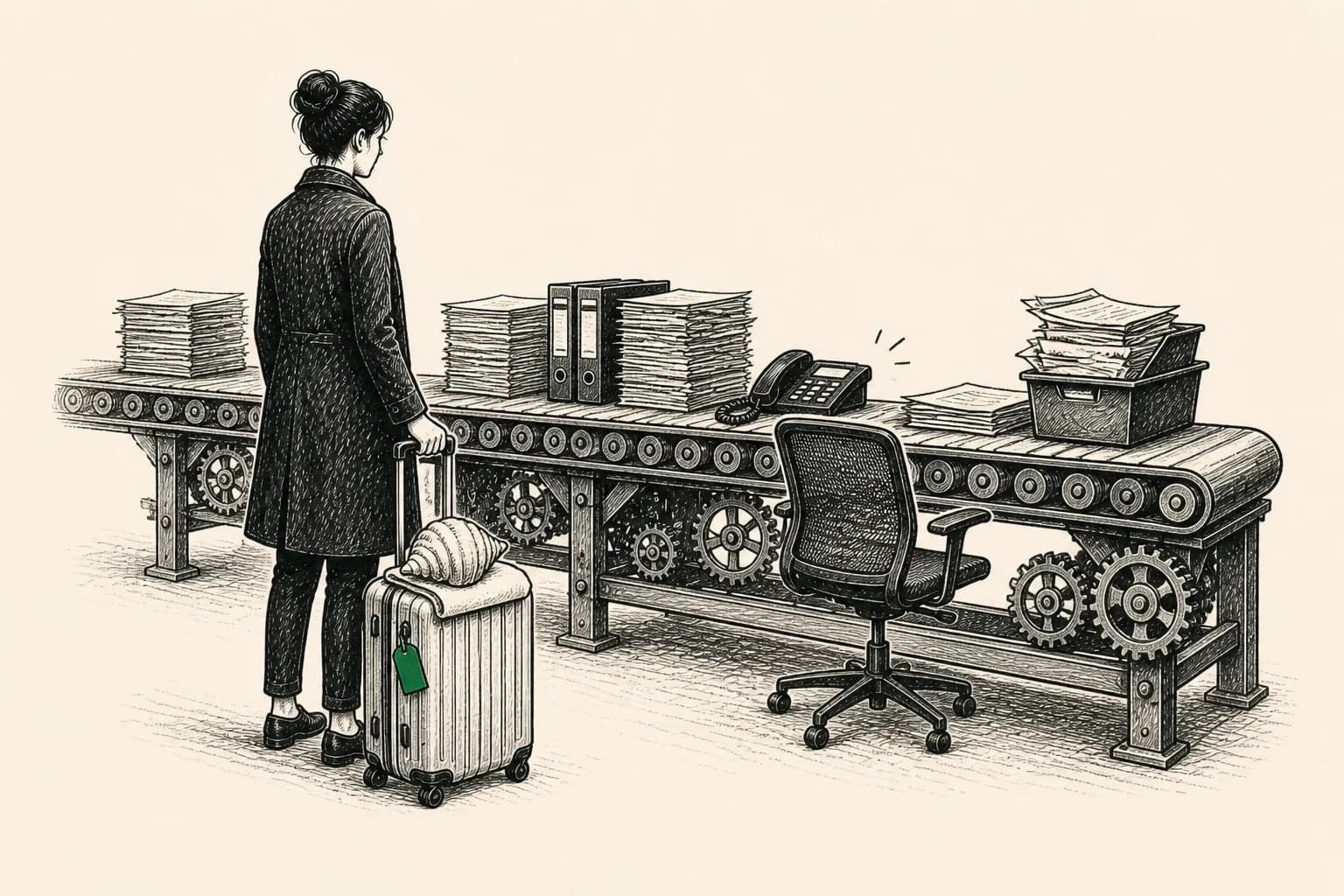 A person returns with a holiday suitcase to the same overloaded work machine.