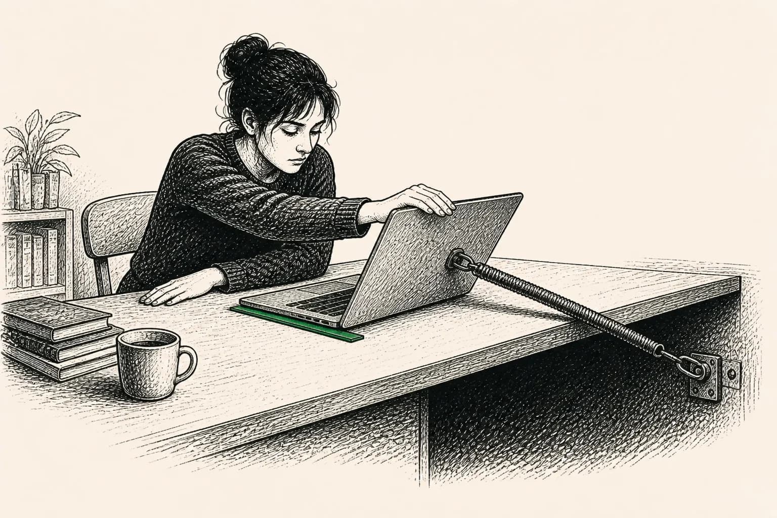 A woman closes a laptop while a dark spring pulls it open again.