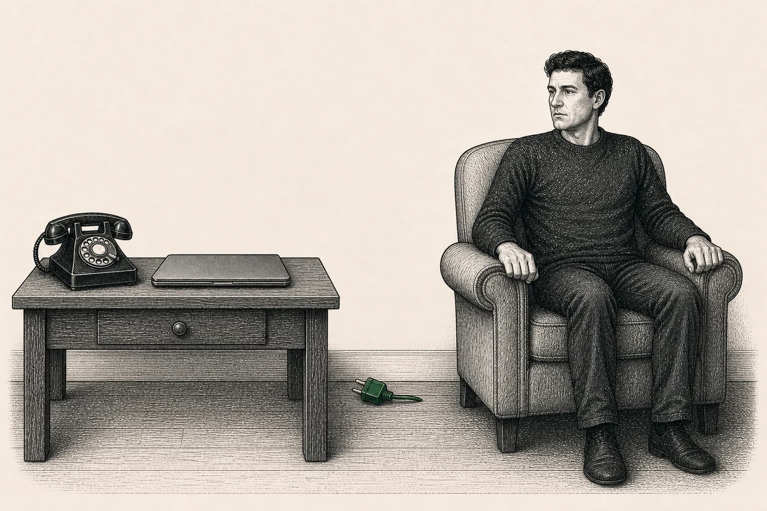 A phone and closed laptop are disconnected while a person remains physically tense.
