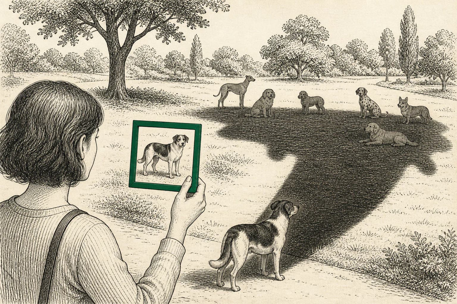 One dog casts a broad shadow across several different calm dogs while one is examined separately.