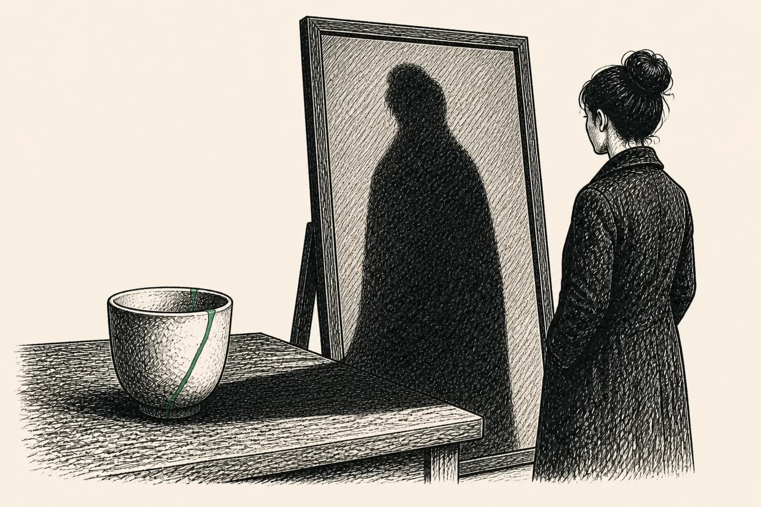 A repaired chip in a cup becomes an enormous human silhouette in a mirror.