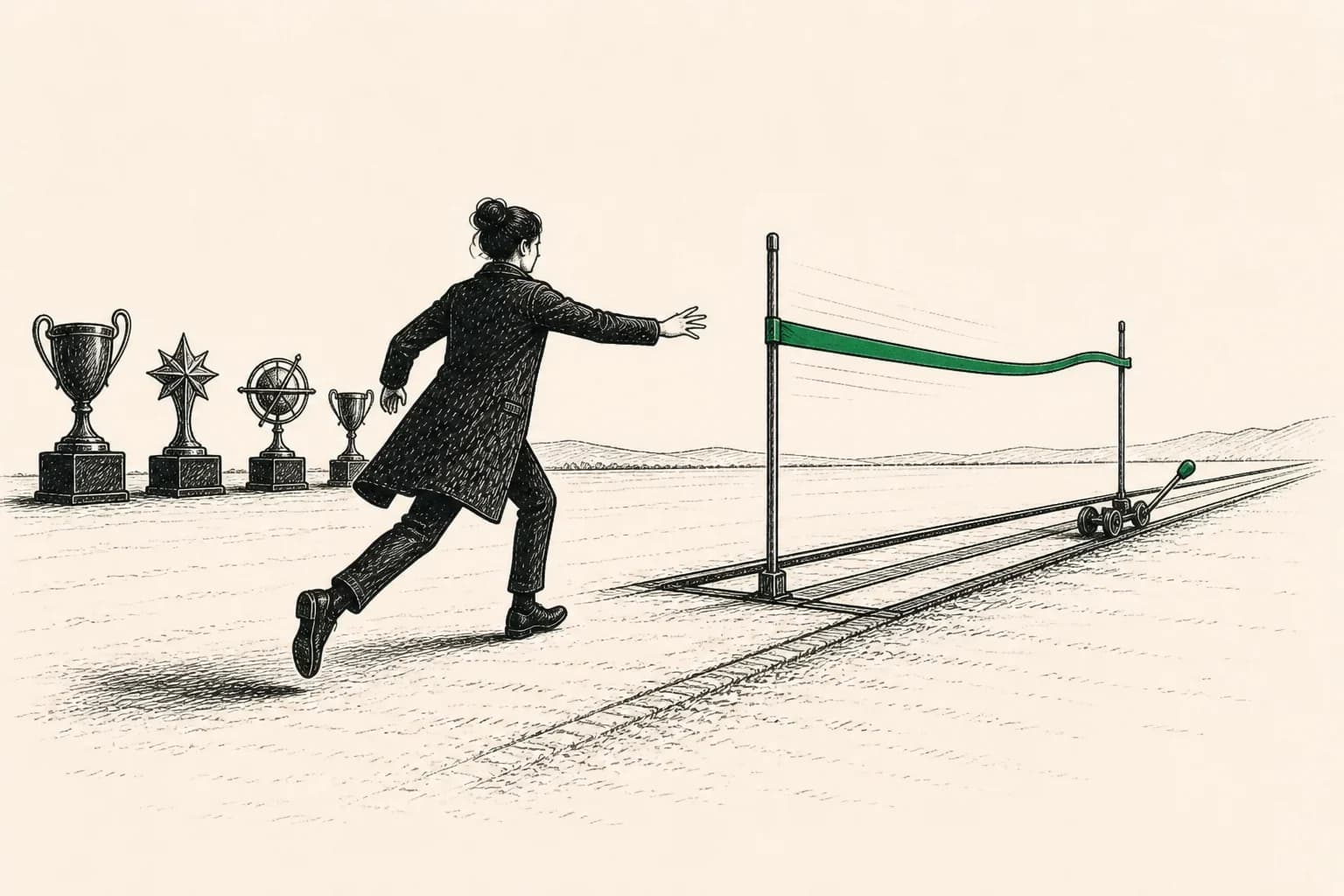 Awards stand behind a person while a finish line moves farther away along a rail.
