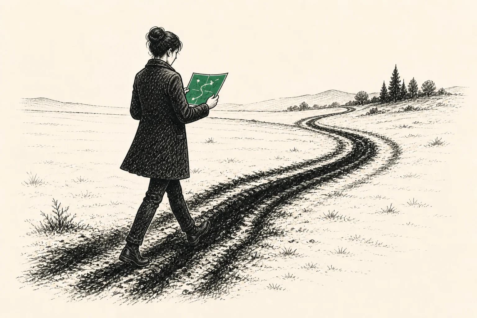 A person studies a new map while continuing along a deep old track.