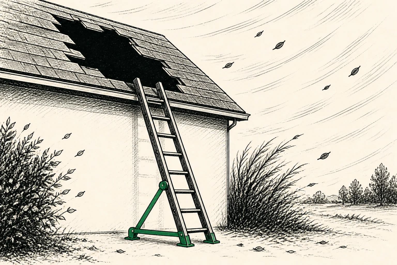 A stable ladder is built before repairing a large opening in a roof.