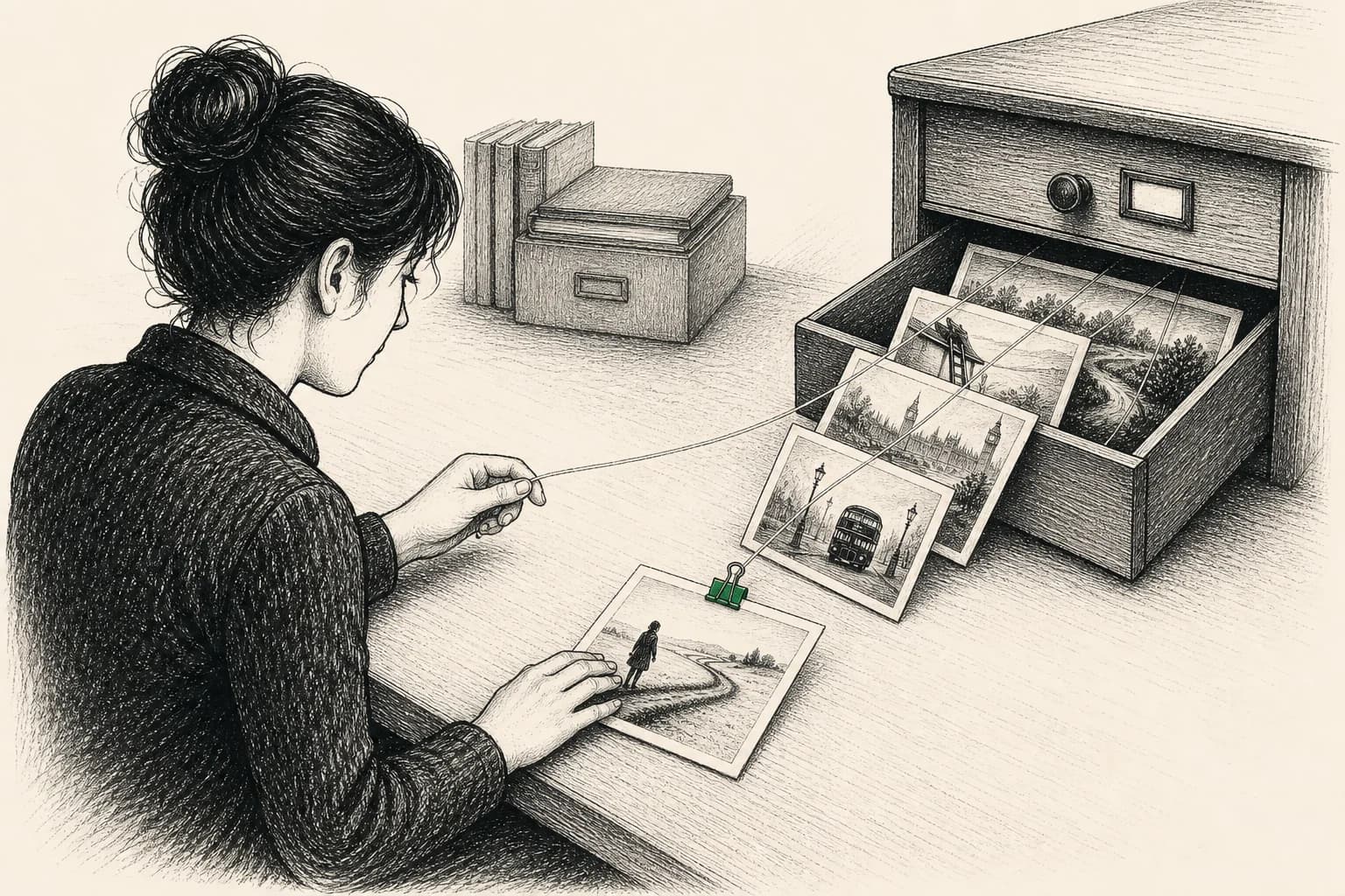 A woman pulls a thread from one marked photograph as related photographs emerge.