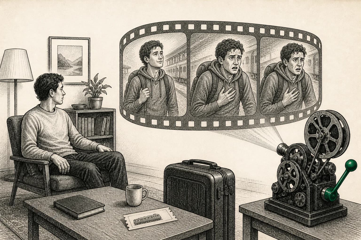 A projector repeats imagined anxiety scenes before a journey has begun.