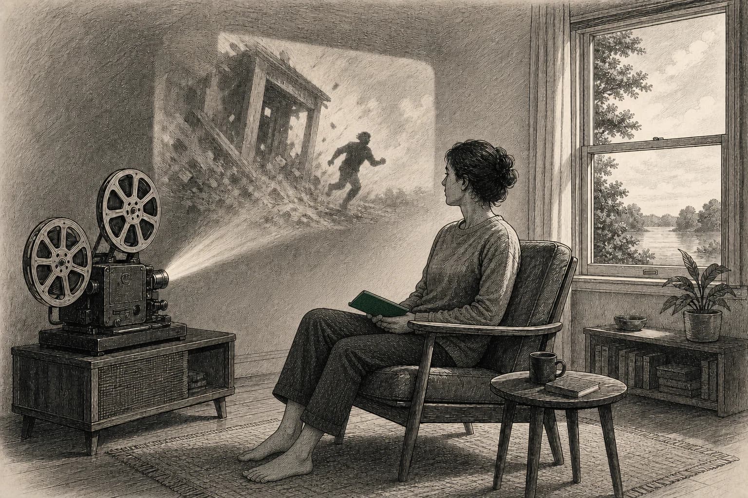 An old projector repeats a shadow of danger in a safe room while the present is recorded separately.