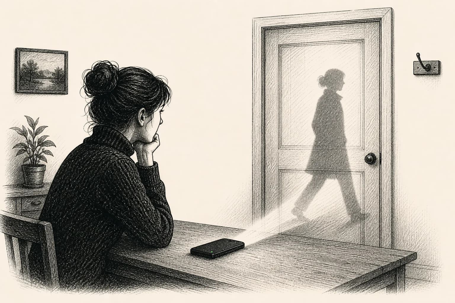 A silent phone and closed door sit beside the projected shadow of a person leaving.