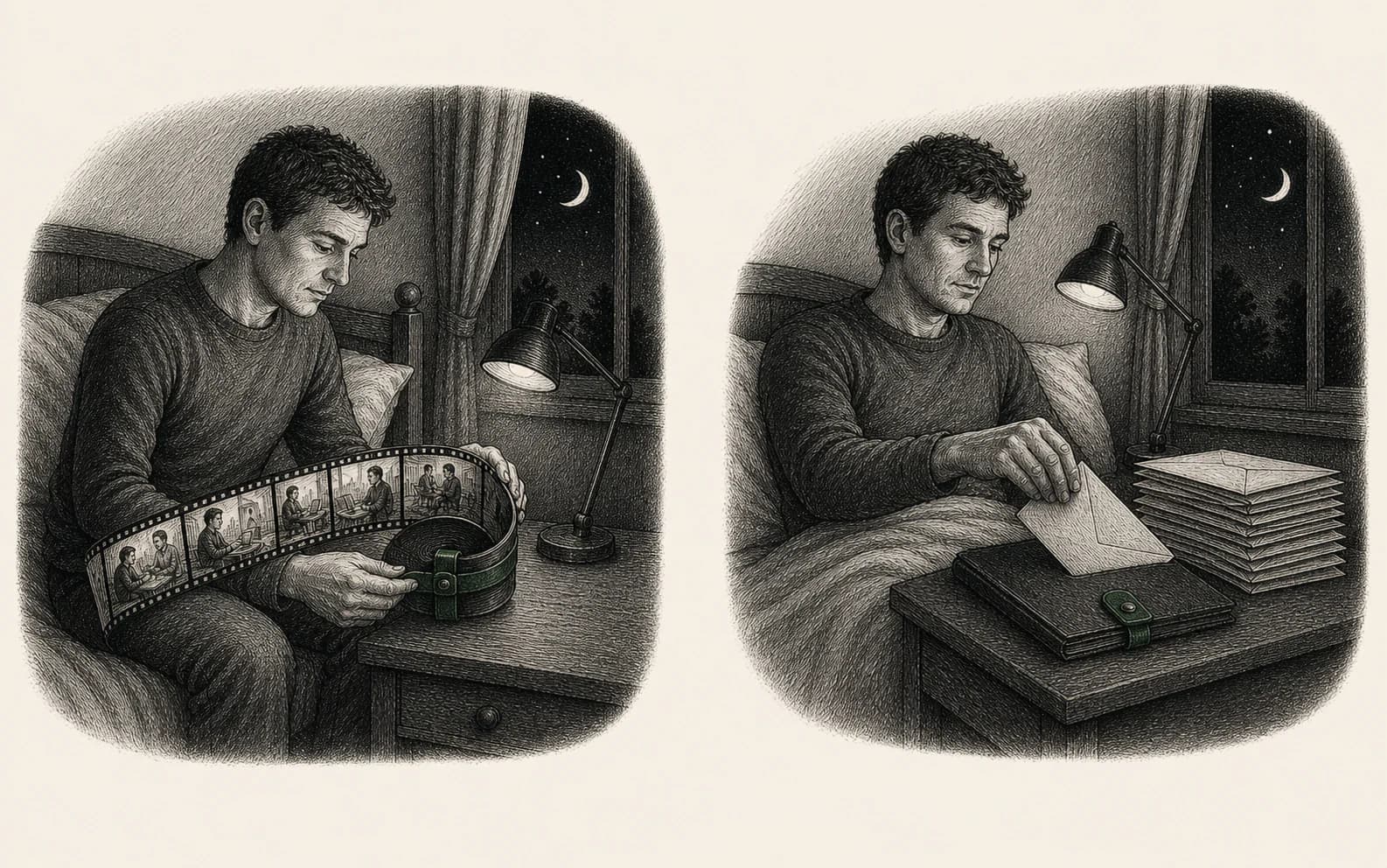 Two night scenes show a person closing the past day and filing tomorrow’s tasks.