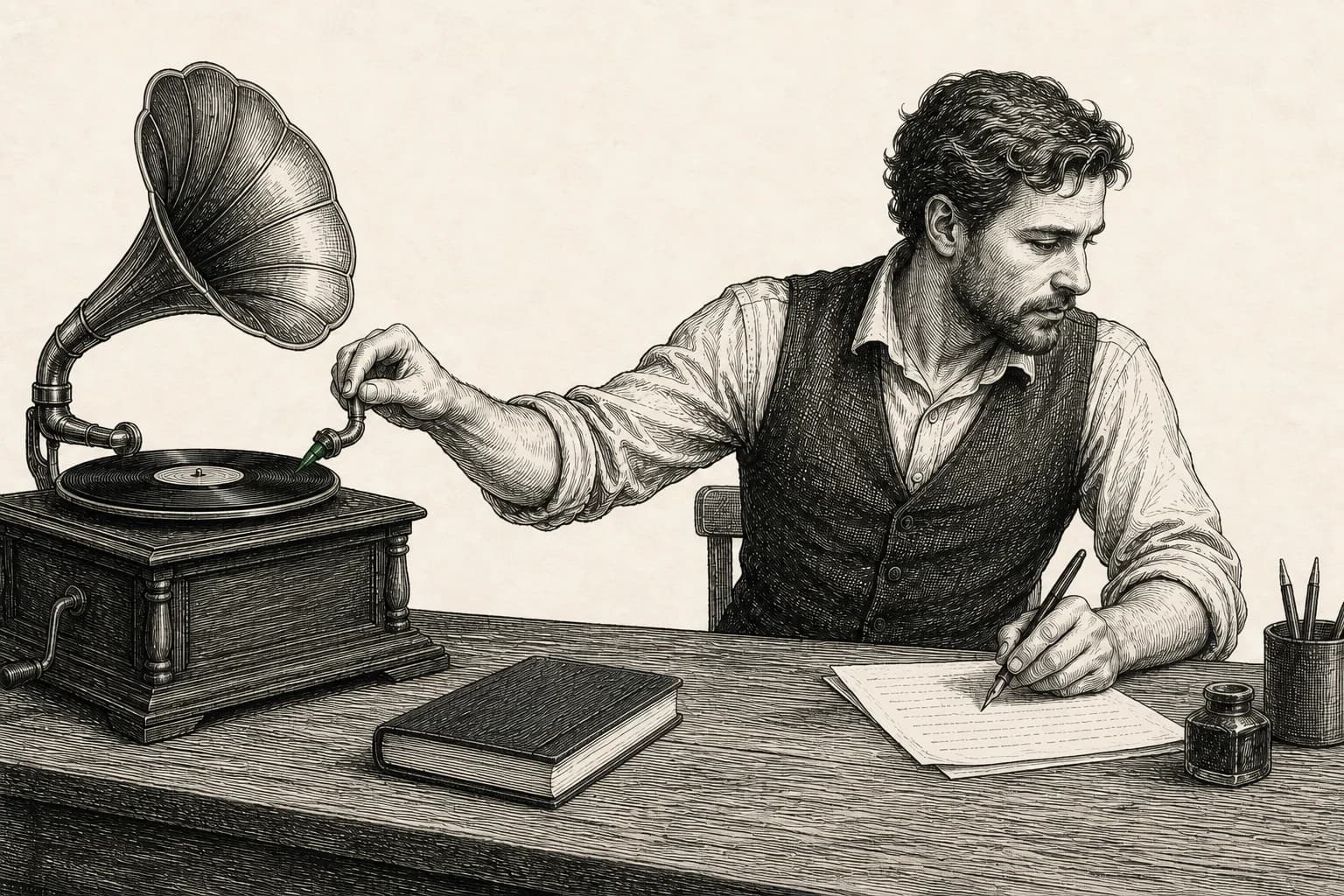 A person lifts a needle from a stuck record groove and returns to a written plan.
