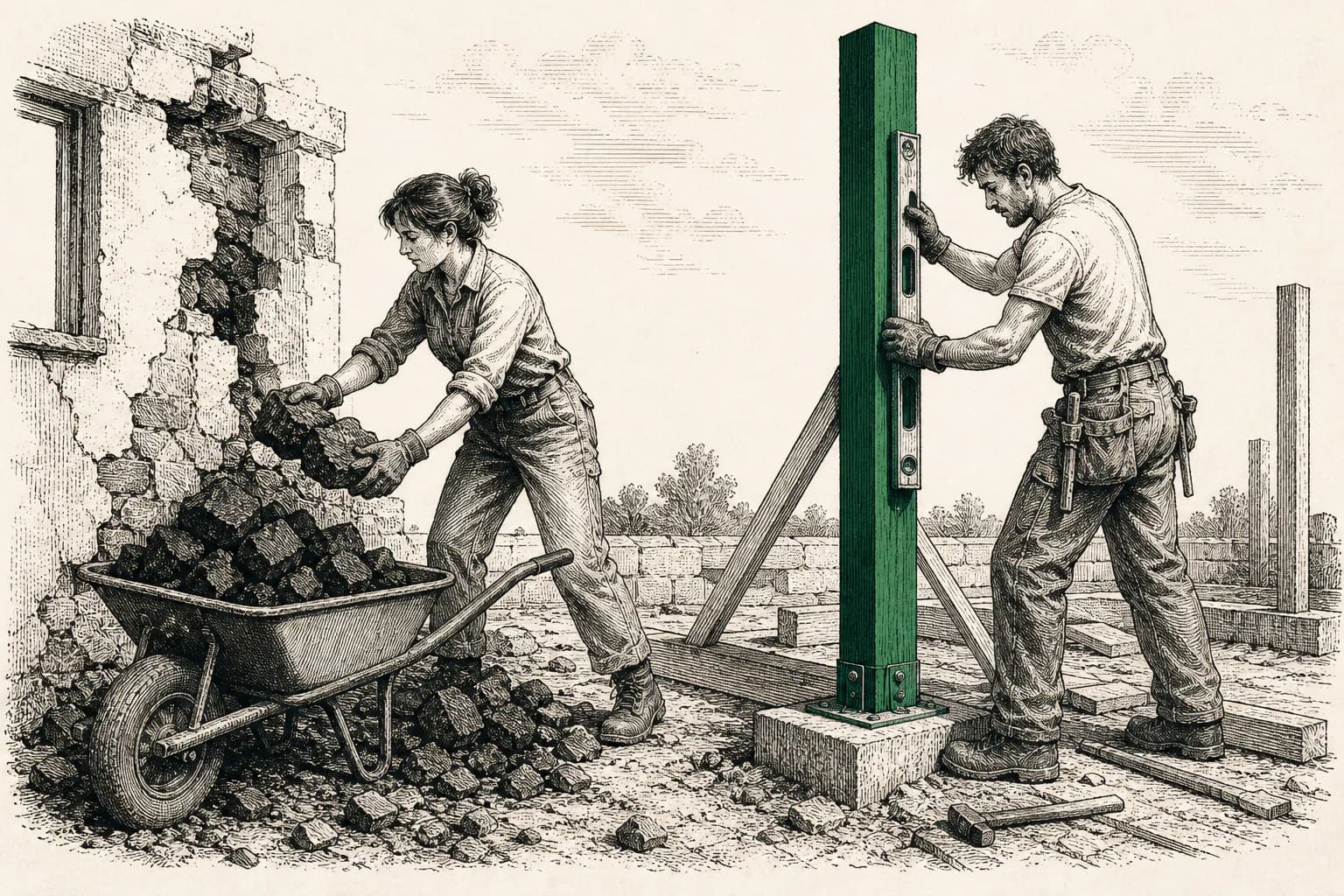 One person removes an old wall while another installs a new structural support.