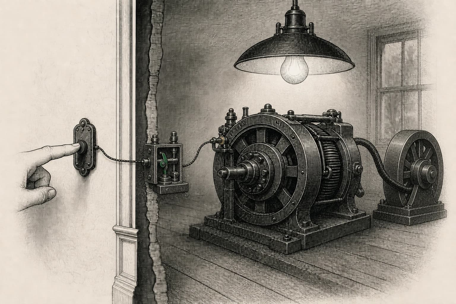 A finger presses a button connected to a relay while a larger generator has its own power cable.