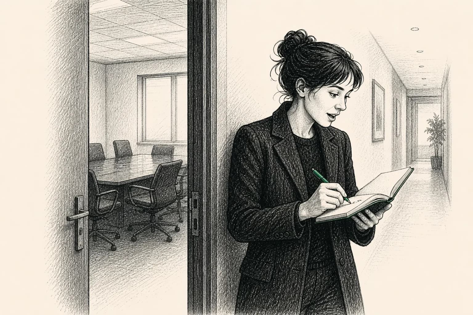 A woman has left an empty meeting room and only then writes down her own words.