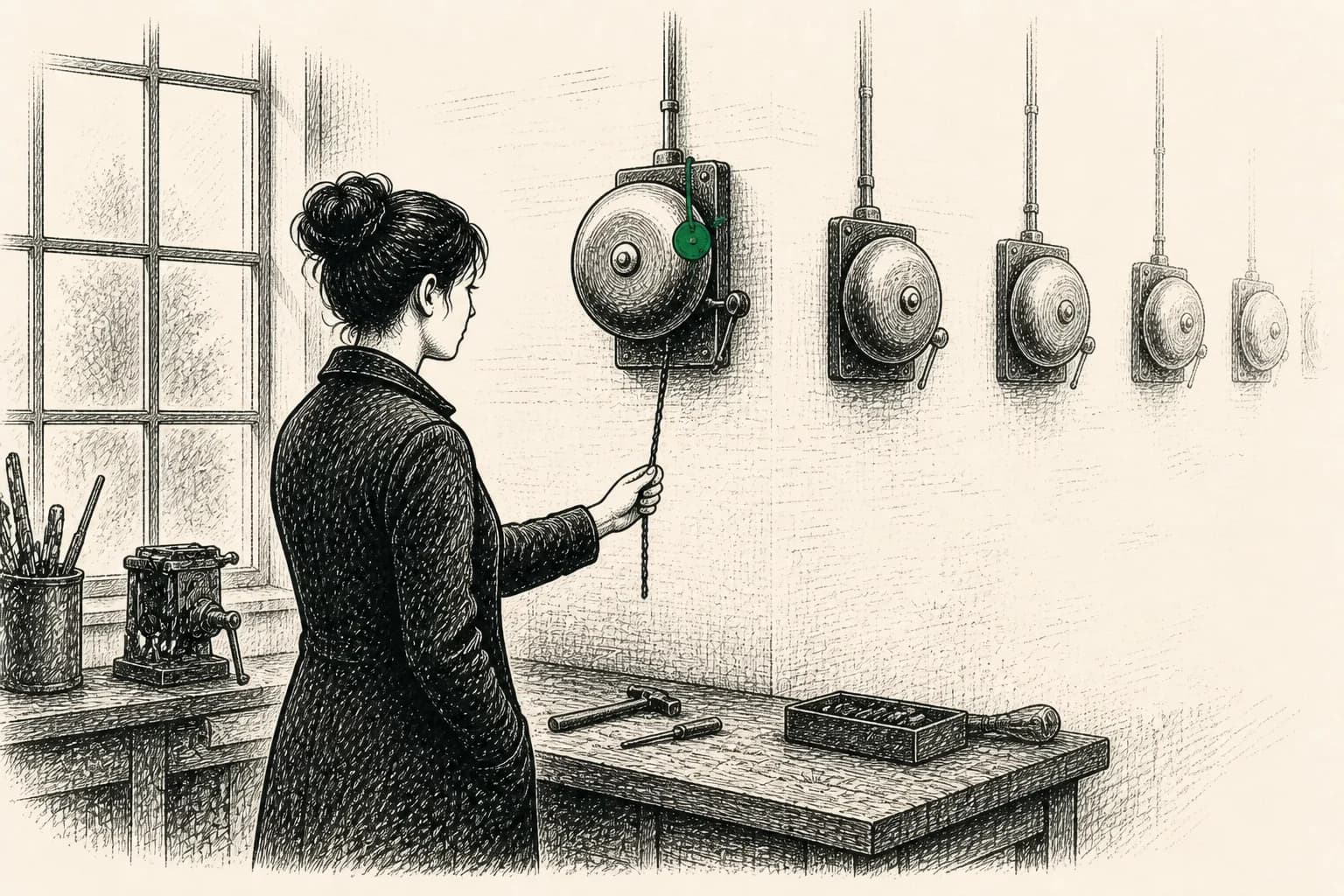 A woman tests one of several separate alarm bells, with only the selected bell marked.