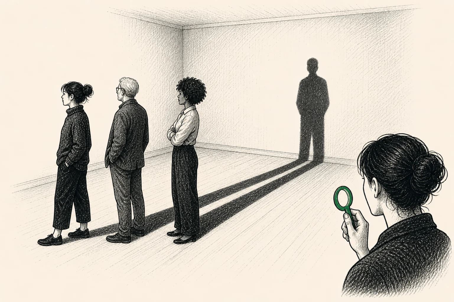 Three different people cast one shared old silhouette while a specific feature is examined.