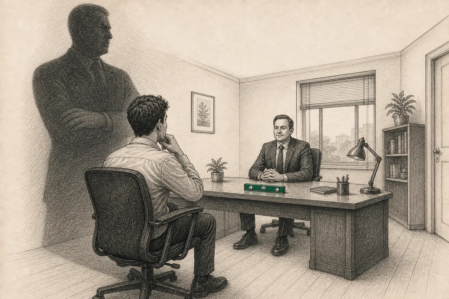 An ordinary manager sits at a desk while an immense older authority shadow towers nearby.