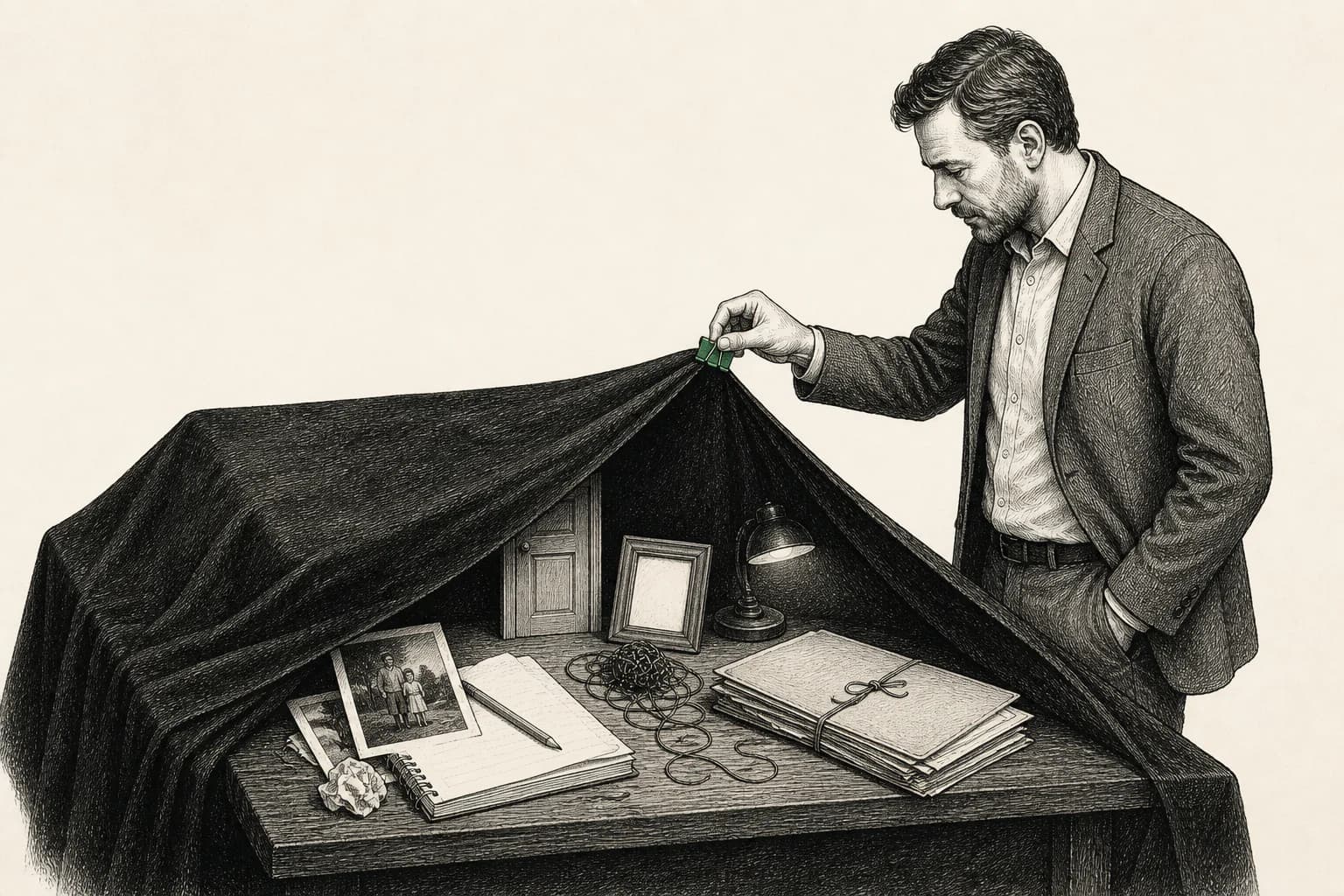 A person lifts a large dark cover to reveal different life elements underneath.
