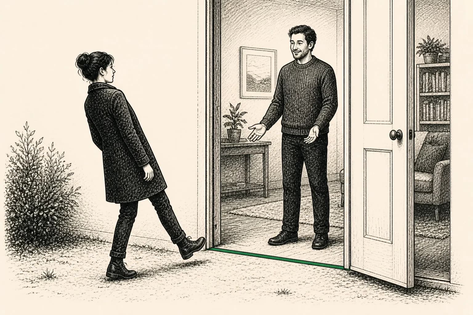 A welcoming person waits at a doorway while another person recoils before the threshold.