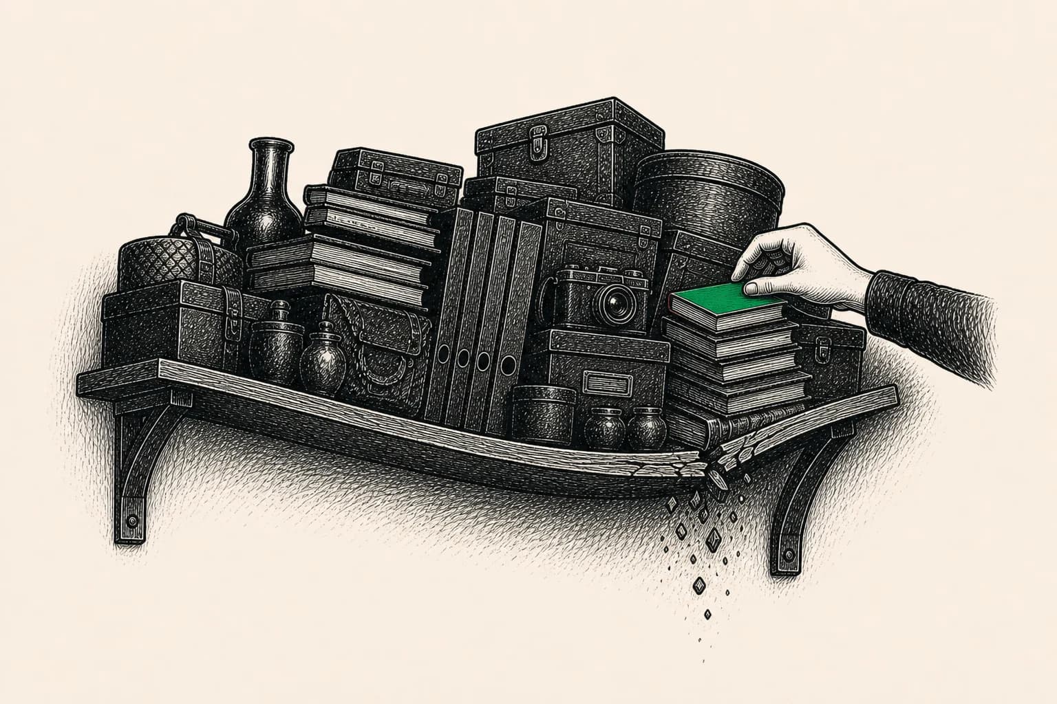 A small green book is placed on an overloaded and cracking shelf.