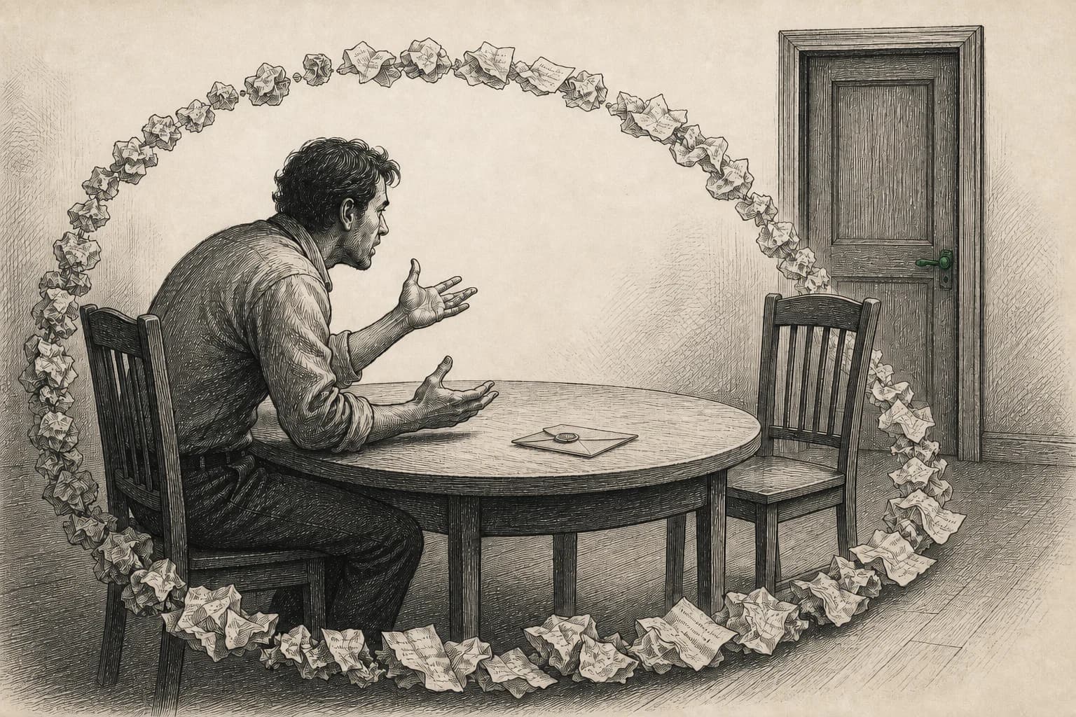 A person argues with an empty chair inside a ring of crumpled statements.